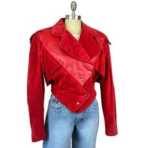 Vintage 80s Red SuedeOuterwear by Phoenix Crocodile Print Cropped Jacket (M)